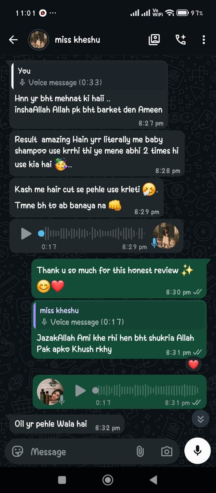 HERBA L.S.M customer WhatsApp review about herbal shampoo
